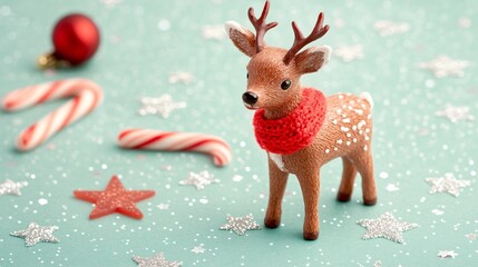 Tiny reindeer toy with a red scarf isolated on a light green background, with silver stars and candy canes