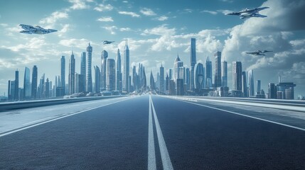 Obraz premium Futuristic Metropolis: A Stunning Cityscape of Towering Skyscrapers and Flying Vehicles