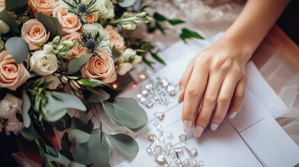 the bride 's hands with the big engagement sparkling diamonds white platinum ring and beautiful manicure nails holding roses 