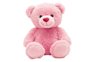 A soft pink teddy bear with a big, friendly smile is seated comfortably, highlighting its plush texture and inviting appearance, perfect for spreading warmth and cheer.