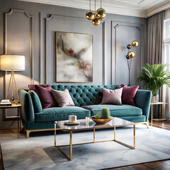 a living room with a velvet sofa