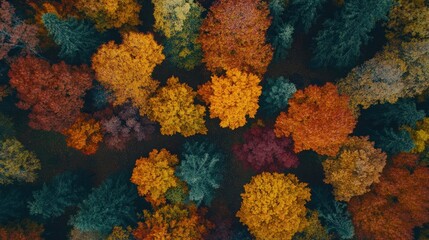 Aerial view of colorful autumn forest from above.