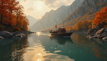 Fototapeta premium Scenic mountain landscape with a boat and tranquility on a reflective river during autumn