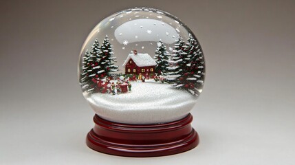 Whimsical snow globe with a Christmas scene isolated on a soft gray background, with swirling snowflakes