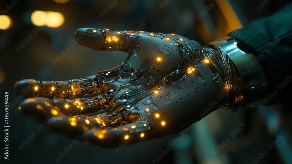 Aufkleber The intricate design of a robotic hand showcases shining circuitry and lights, depicting advanced technology and innovation.