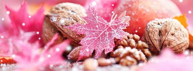 Close-up of a frosted red leaf surrounded by walnuts and a pine cone, with a blurred background of red leaves and a light snowfall.