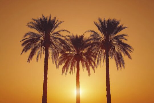 Sunset silhouette of a palm tree against a vibrant orange sky during twilight hours