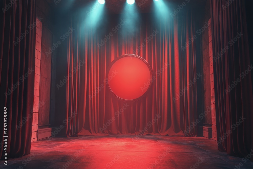 Aufkleber a dramatic stage setup with red curtains and a circular backdrop illuminated by soft lights