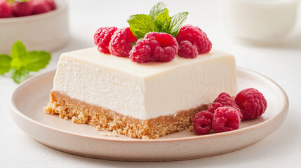 Delicious dessert featuring creamy cheesecake layer with raspberry topping on a crumbly base, perfect for a summer treat