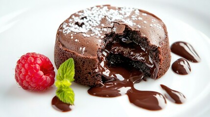  A chocolate cake with a bite missing and a raspberry on a white dish