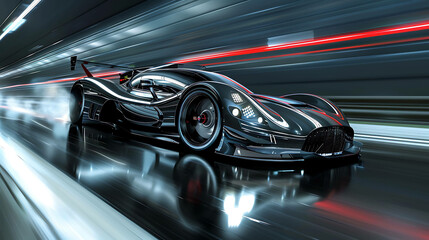 Fototapeta premium The dark sleek supercar speeds through the tunnel. The red lights reflecting off its shiny black paint.