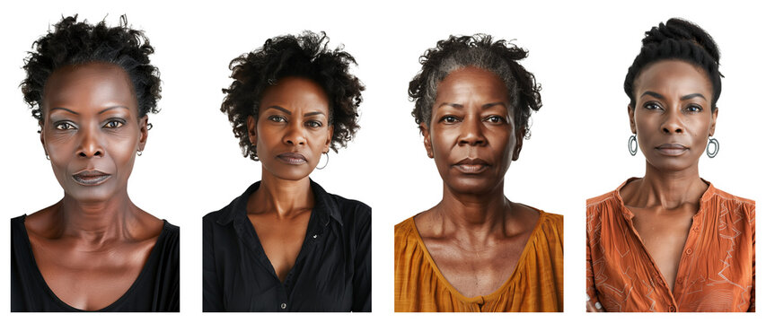 Portrait of middle-aged beautiful black woman with neutral expression, isolated on transparent background, generative ai.