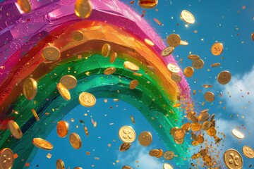Festive St. Patrick's Day Card with Shamrock Rainbow and Falling Gold Coins for Holiday Celebrations