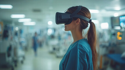 healthcare worker with a slim build, wearing a VR headset, embodies the fusion of technology and healthcare. This image symbolizes innovation, the future of medicine, and patient care advancements