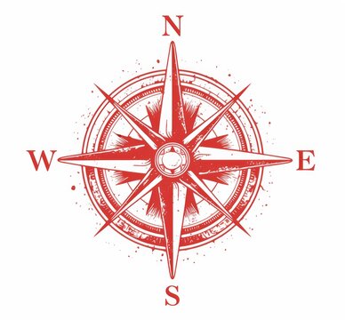   a red compass rose with symbols for north, south, west and east on a pure white background. 