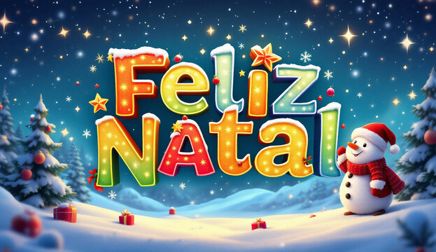 A palavra "Feliz Natal" brilha em cores vibrantes, cercada por flocos de neve e um boneco de neve sorridente, criando uma atmosfera alegre e festiva.


