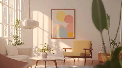 Mockup of a poster frame in a modern living room setting, featuring Art Deco design elements. 3D rendering and illustration.