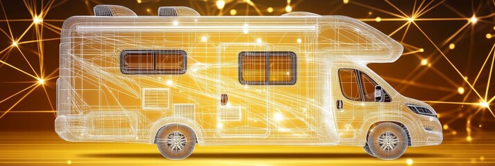 Wireframe Model of a Modern Camper Van on a Golden Background with Network Connections