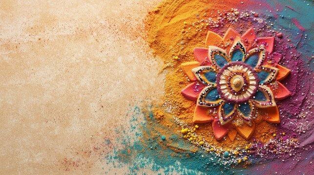 Illustration, hand drawn animation, light pastel background. Traditional indian patterns are laid out on multi-colored sand, shot from above. Copy space, empty space for text