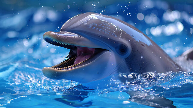 A bottlenose dolphin surfaces for air in a blue ocean. The dolphin's mouth is open, and its teeth are visible.
