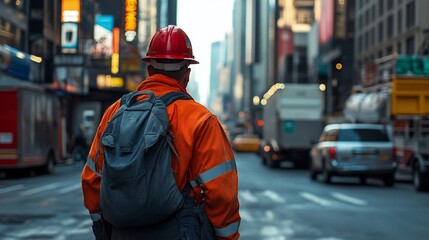 A construction worker walks down a busy city street wearing a red hard hat and an orange jumpsuit.