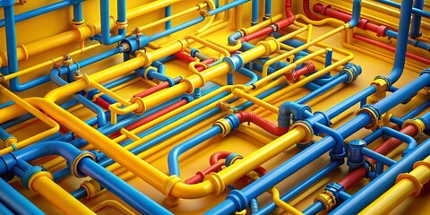 Detailed Industrial Pipe Network in Vibrant Colors Abstract Conceptual Art Design with Depth and Texture for Engineering Projects and Marketing Collaterals