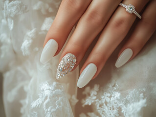 the bride 's hand with the big engagement sparkling diamonds on white platinum ring and beautiful manicure with sparkling crystals on white design nails 
