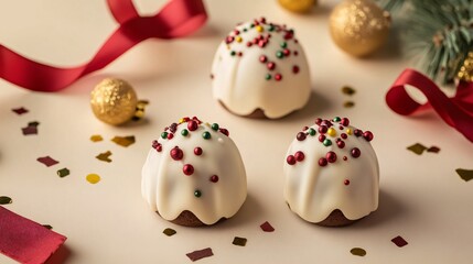 Mini Christmas puddings decorated with icing, isolated on a pale beige background, with holiday ribbons and confetti