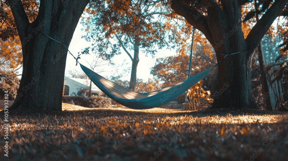 Poster a hammock hangs between two trees in a backyard with green grass and fallen leaves.