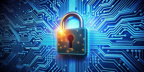 Digital Security Concept Glowing Padlock on Circuit Board Background, Futuristic Technology Illustration for Cybersecurity Campaigns and Tech Promotions