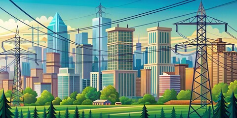 Dramatic Urban Elegance Majestic Skyscrapers Towering over Serene Pine Trees in Cityscape at Dawn - Conceptual Illustration of Tranquility and Infrastructure