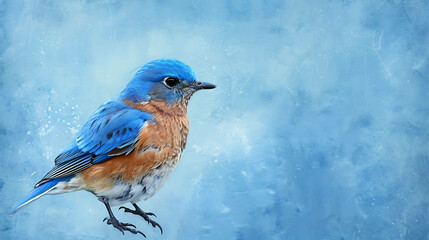 A beautiful bluebird is perched on a branch. The bird is facing to the left of the viewer. The background is a soft blue color.