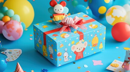 Obraz premium Whimsical Gift Box with Cute Toys and Balloon Decorations