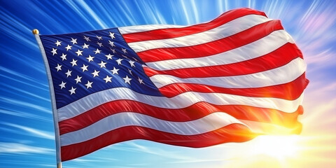 Obraz premium Amerikanische Flagge vor einem hellen Sonnenaufgang