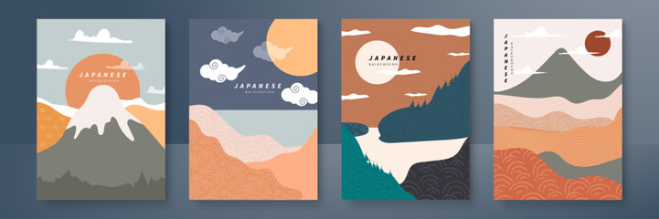 Set of Abstract Japanese Art Posters with Minimalist Design. A collection of four abstract Japanese art posters featuring minimalist design and pastel colors