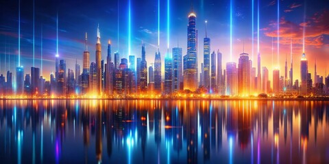 Futuristic City Skyline Vibrant Skyscrapers Illuminated by Blue Light Beams in Twilight Sky - Urban Energy and Technological Wonder