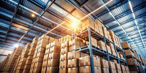 Industrial Elegance Towering Cardboard Box Stacks in Warehouse Loft, Sunlit Diagonal Perspective, Logistics Efficiency and Vibrant Organized Chaos Concept
