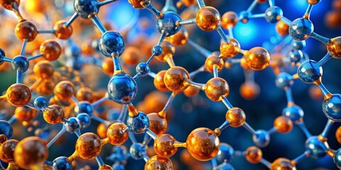 Intricate Molecular Structure An Enchanting Macro View of Connected Atoms in Blue and Orange Hues, Symbolizing Scientific Discovery and Complexity