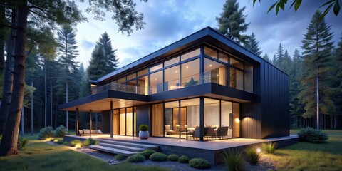 Fototapeta premium Majestic Modern House in Enchanted Forest Setting - Architectural Elegance Amid Nature's Embrace, Tranquil Luxury Retreat