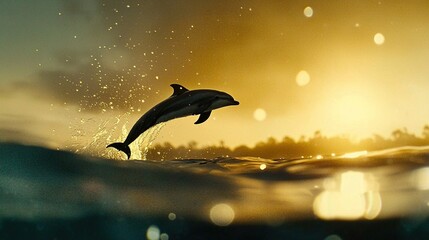   A dolphin leaping from the sea under a setting sun on a watery background surrounded by trees