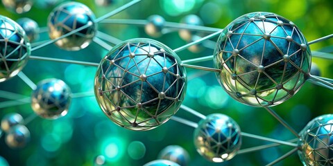 Metamorphosis of Spheres Intricate Metallic Network in Serene Green Ambiance - Abstract Concept of Interconnected Complexity and Beauty