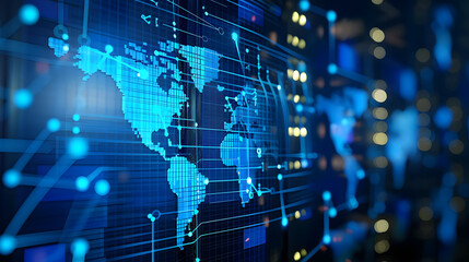 Obraz premium digital connectivity and global map on blue server. generative ai