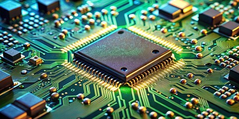 Microchip Marvel Intricate CPU Circuit Board Closeup in Green and Gold Technological Innovation and Precision Detail for Tech Projects and Backgrounds