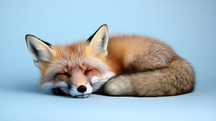 Obraz premium A peaceful fox curls up, sleeping cozily on a pastel blue surface, embodying restfulness and natural grace.