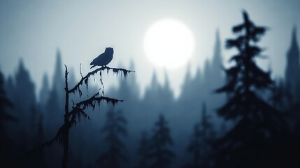   Bird atop foggy tree branch, bathed in sunlight against a blurred backdrop