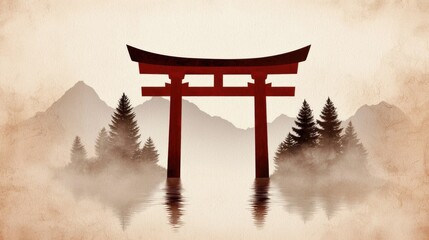 Naklejka premium An ultrahigh-detail photograph of a traditional japanese torii gate surrounded by serene nature and majestic mountains