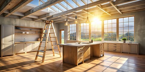 Obraz premium Radiant Sunlit Modern Kitchen with Natural Elements and Tranquil Ambiance, Ideal for Interior Design Inspiration and Home Improvement Articles