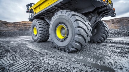 Obraz premium Close-Up of Heavy-Duty Dump Truck Tires at a Mining Site