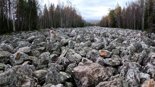 Stone river in Taganay National Park in Russia. Biggest Deposit Occurrence of Aventurine Quartz.