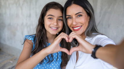 We love you. Latin mom and preteen daughter video bloggers influencers shoot content unite fingers in heart sign grateful for attention. Bonding mother and kid shoot selfie look at camera express love